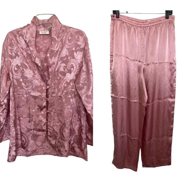 Victoria’s Secret Gold Label Vintage 90s Pink Satin Floral PJ Set Medium - Picture 1 of 16